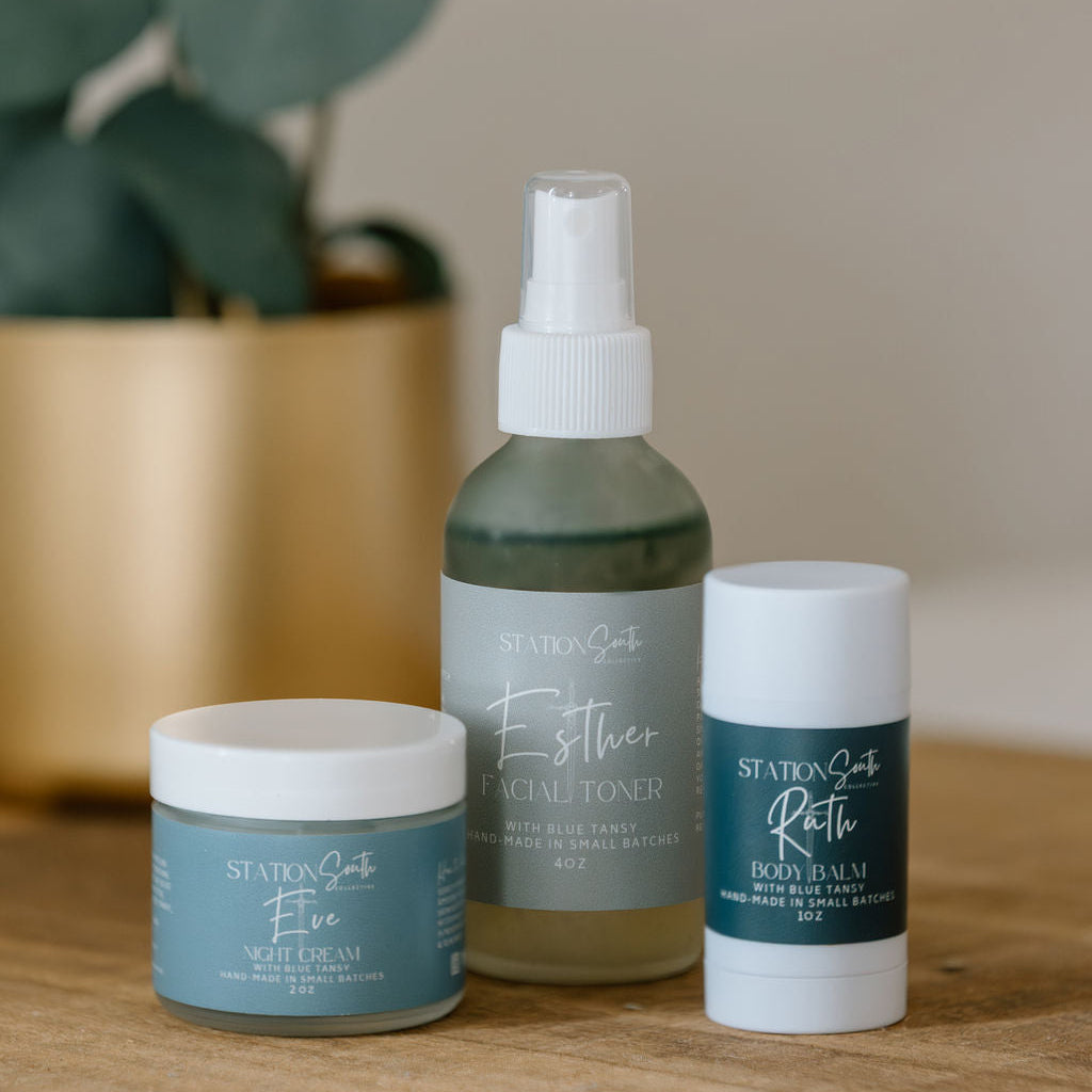 All Natural Skincare, Station South Collective, Night Cream, Facial Toner, Body Balm, Tallow, Blue Tansy, Clean Ingredients