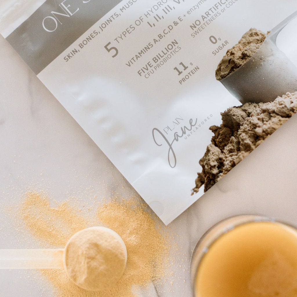 Plain Jane unflavored ONE SCOOP WONDER Whole Body Wellness Blend mixed into coffee or smoothie